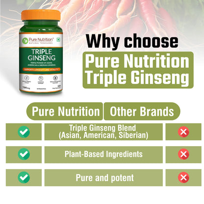 Triple Ginseng| Supports Longevity &amp; Vitality 700mg ( Triple Power of Asian, American &amp; Siberian Ginseng) -Cognitive Supports , Support Blood Glucose, Boost Energy Levels - Pure Nutrition - 60 Veg Capsules