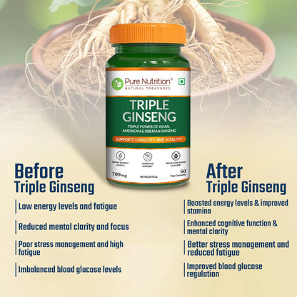 Triple Ginseng| Supports Longevity &amp; Vitality 700mg ( Triple Power of Asian, American &amp; Siberian Ginseng) -Cognitive Supports , Support Blood Glucose, Boost Energy Levels - Pure Nutrition - 60 Veg Capsules