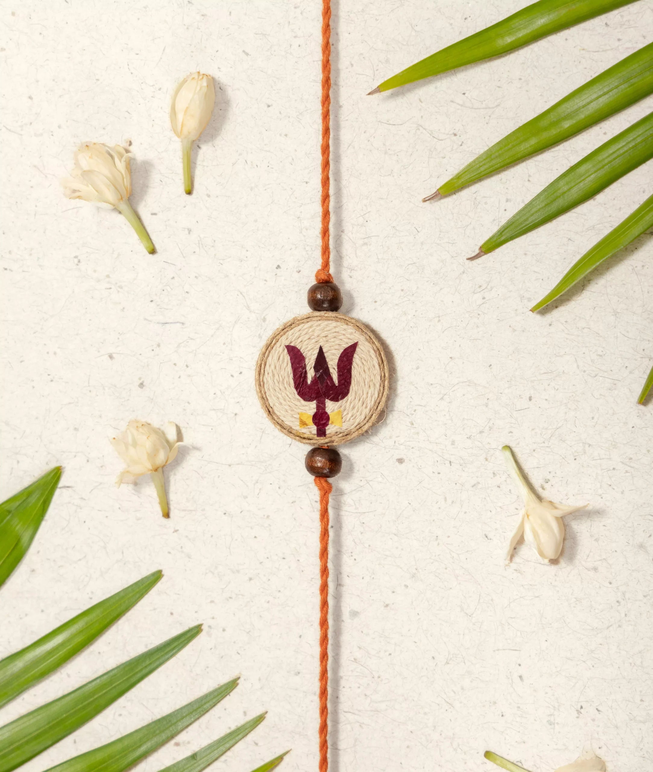 Rakhi | Trishul Rakhi (Made From Cotton, Jute, Wooden beads &amp; With Pressed Flower Petals) – Handcrafted – Eco Friendly – Nature’s Soul