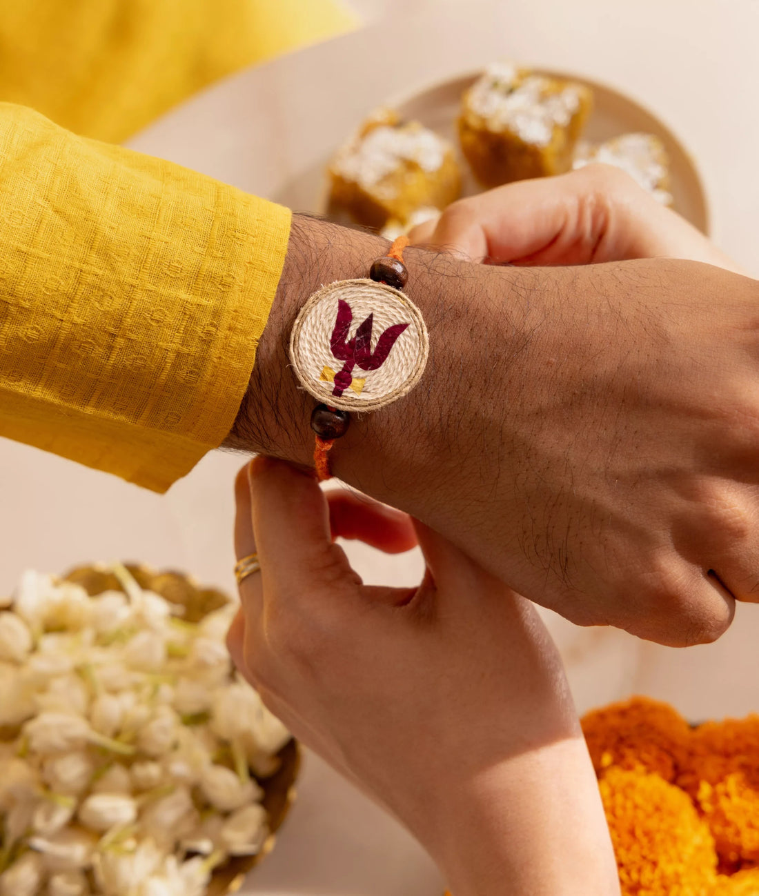 Rakhi | Trishul Rakhi (Made From Cotton, Jute, Wooden beads &amp; With Pressed Flower Petals) – Handcrafted – Eco Friendly – Nature’s Soul
