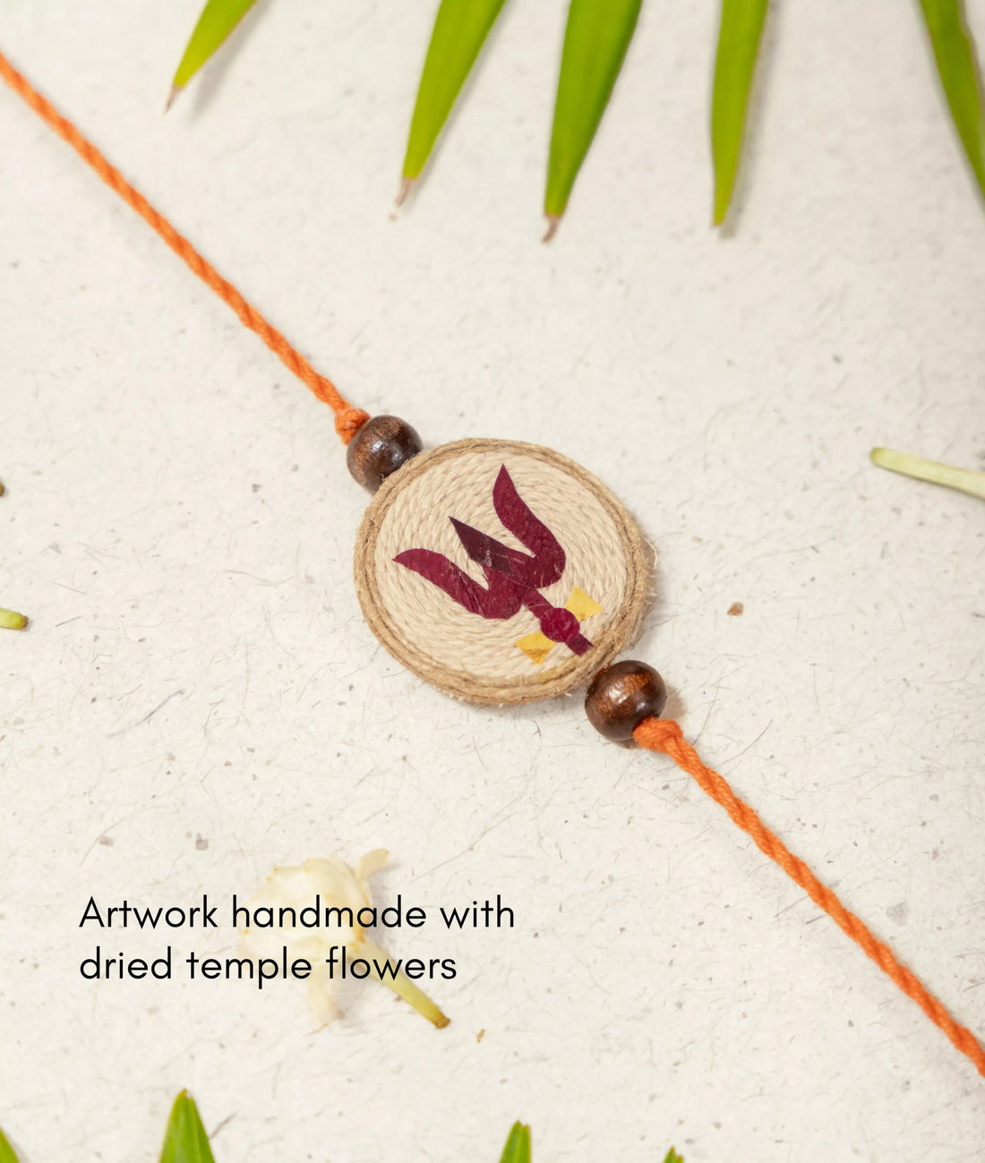 Rakhi | Trishul Rakhi (Made From Cotton, Jute, Wooden beads & With Pressed Flower Petals) – Handcrafted – Eco Friendly – Nature’s Soul