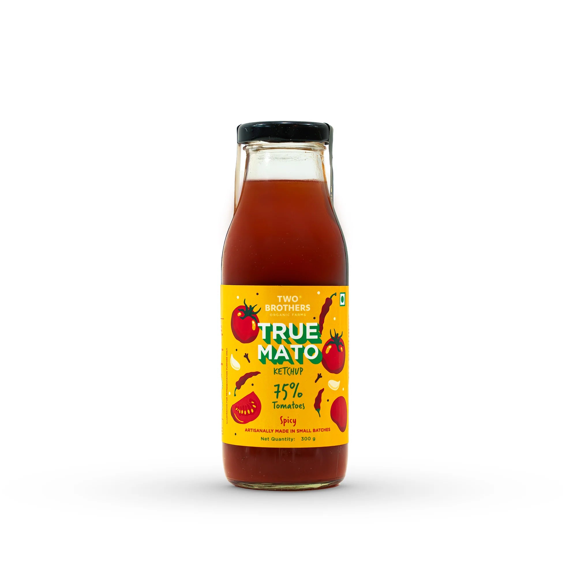 Ketchup | Tomato Ketchup (Truemato) - 75% Tomatoes - Spicy - No Refined Sugar, No Artificial Preservatives, No Sodium Benzoate, No Added Food Colors, No Stabilizers &amp; No Thickeners - Two Brothers - 300gm
