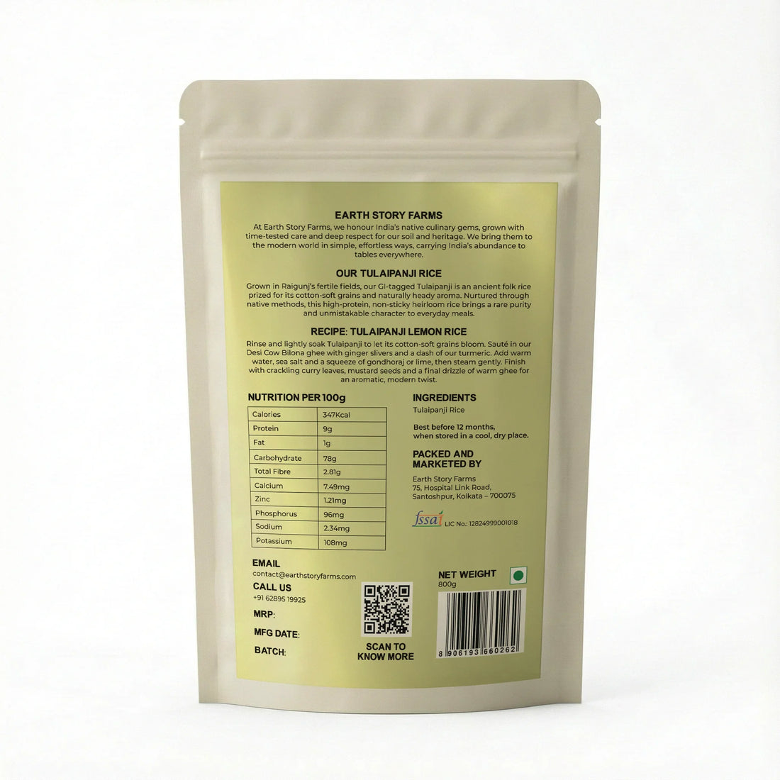Rice | Tulaipanji Rice (Un-Parboiled)-Farms of Raigunj in West Bengal -100% Pure- Preservative Free, Chemical Free - Earth Story Farms- 800gm