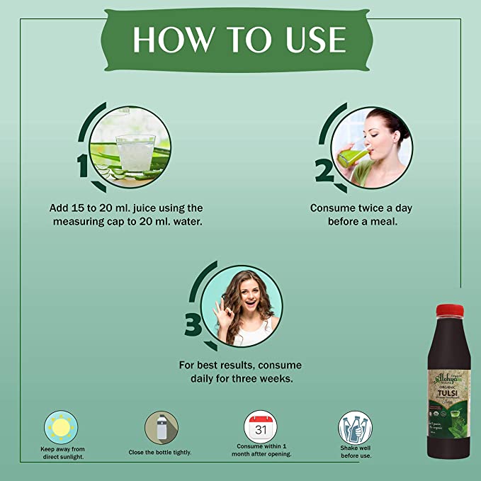 Tulsi Juice | (Ocimum Tenuiflorum) - USDA Organic - No Added Sugar, Color, Vitamins &amp;amp; Minerals - Alohya Organic - 500ml