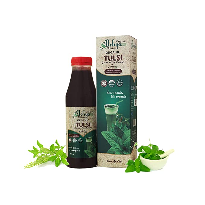 Tulsi Juice | (Ocimum Tenuiflorum) - USDA Organic - No Added Sugar, Color, Vitamins & Minerals - Alohya Organic - 500ml