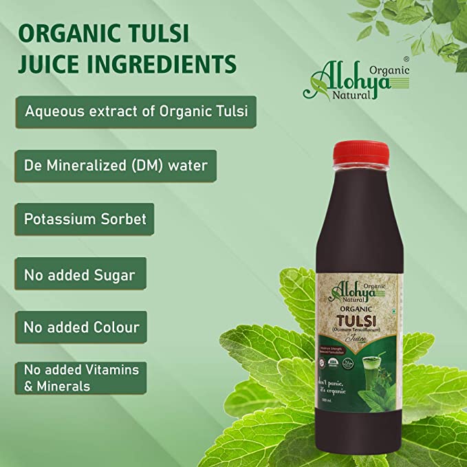 Tulsi Juice | (Ocimum Tenuiflorum) - USDA Organic - No Added Sugar, Color, Vitamins &amp;amp; Minerals - Alohya Organic - 500ml