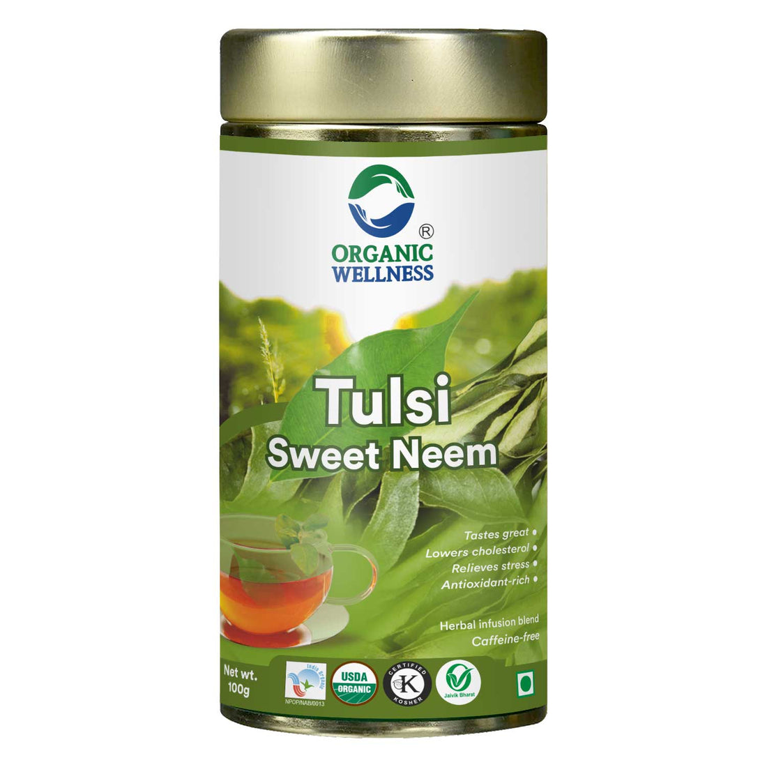 Tea | Tulsi Sweet Neem Tea - USDA Organic – Caffeine Free, Tin Pack - Organic Wellness – 100gm