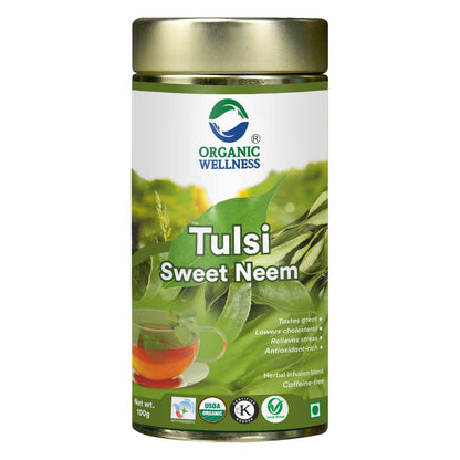 Tea | Tulsi Sweet Neem Tea - USDA Organic – Caffeine Free, Tin Pack - Organic Wellness –  100gm
