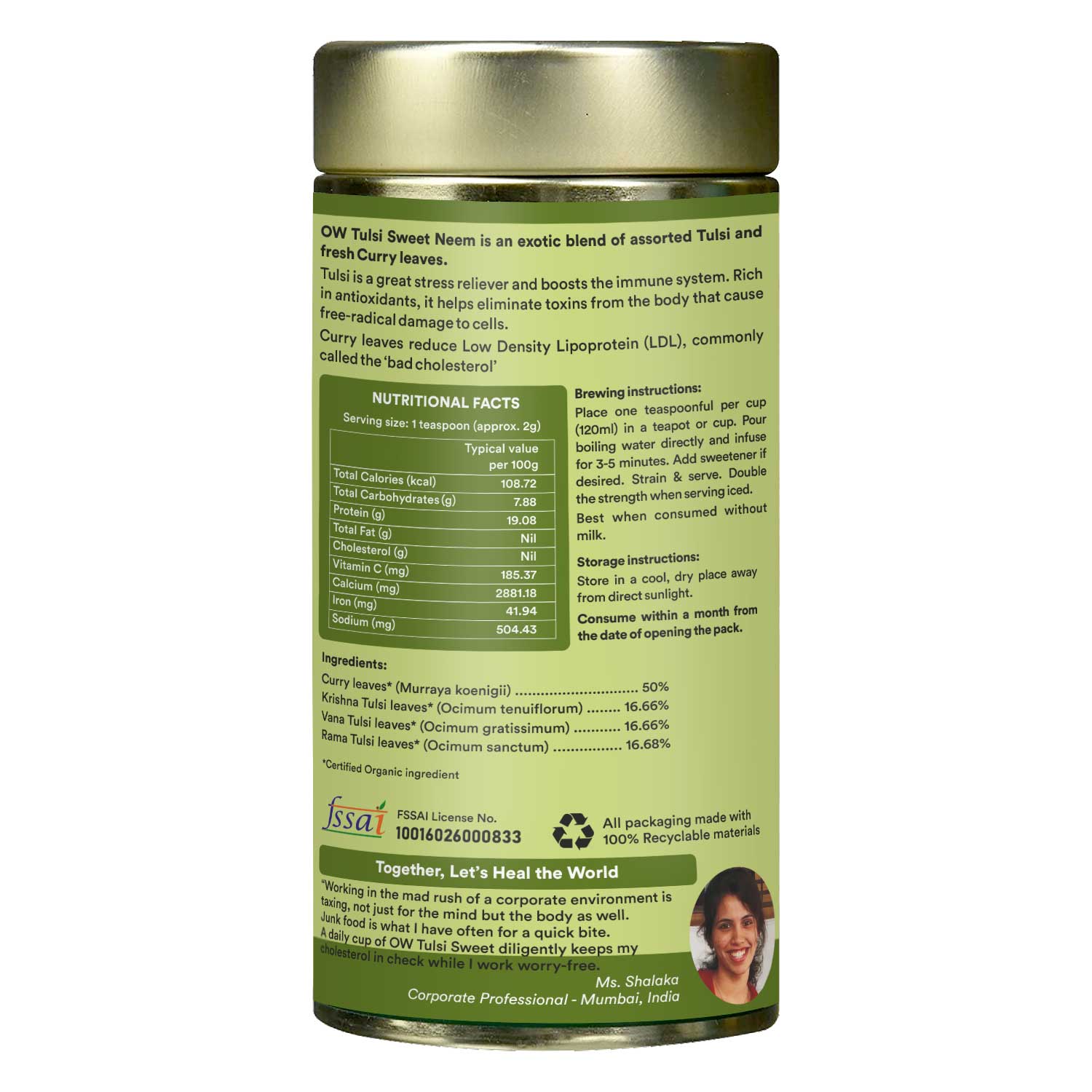 Tea | Tulsi Sweet Neem Tea - USDA Organic – Caffeine Free, Tin Pack - Organic Wellness –  100gm