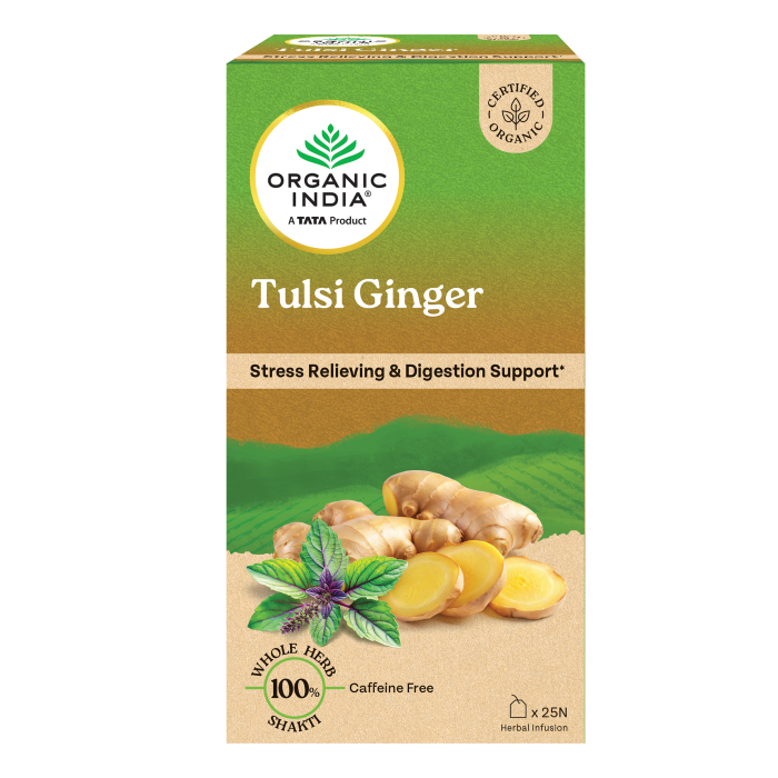 Tulsi Ginger Green Tea  - Stress Relieving &amp; Digestion Support - Certified Organic - Caffeine Free - Organic India - 25Tea Bags