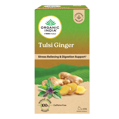 Tulsi Ginger Green Tea  - Stress Relieving &amp; Digestion Support - Certified Organic - Caffeine Free - Organic India - 25Tea Bags