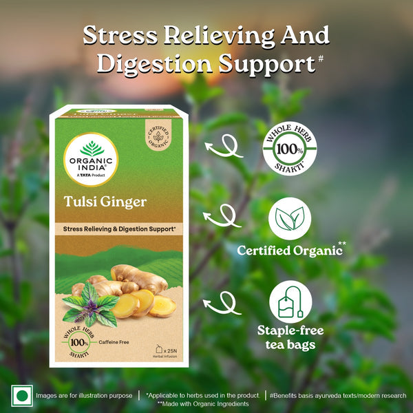 Tulsi Ginger Green Tea  - Stress Relieving &amp; Digestion Support - Certified Organic - Caffeine Free - Organic India - 25Tea Bags