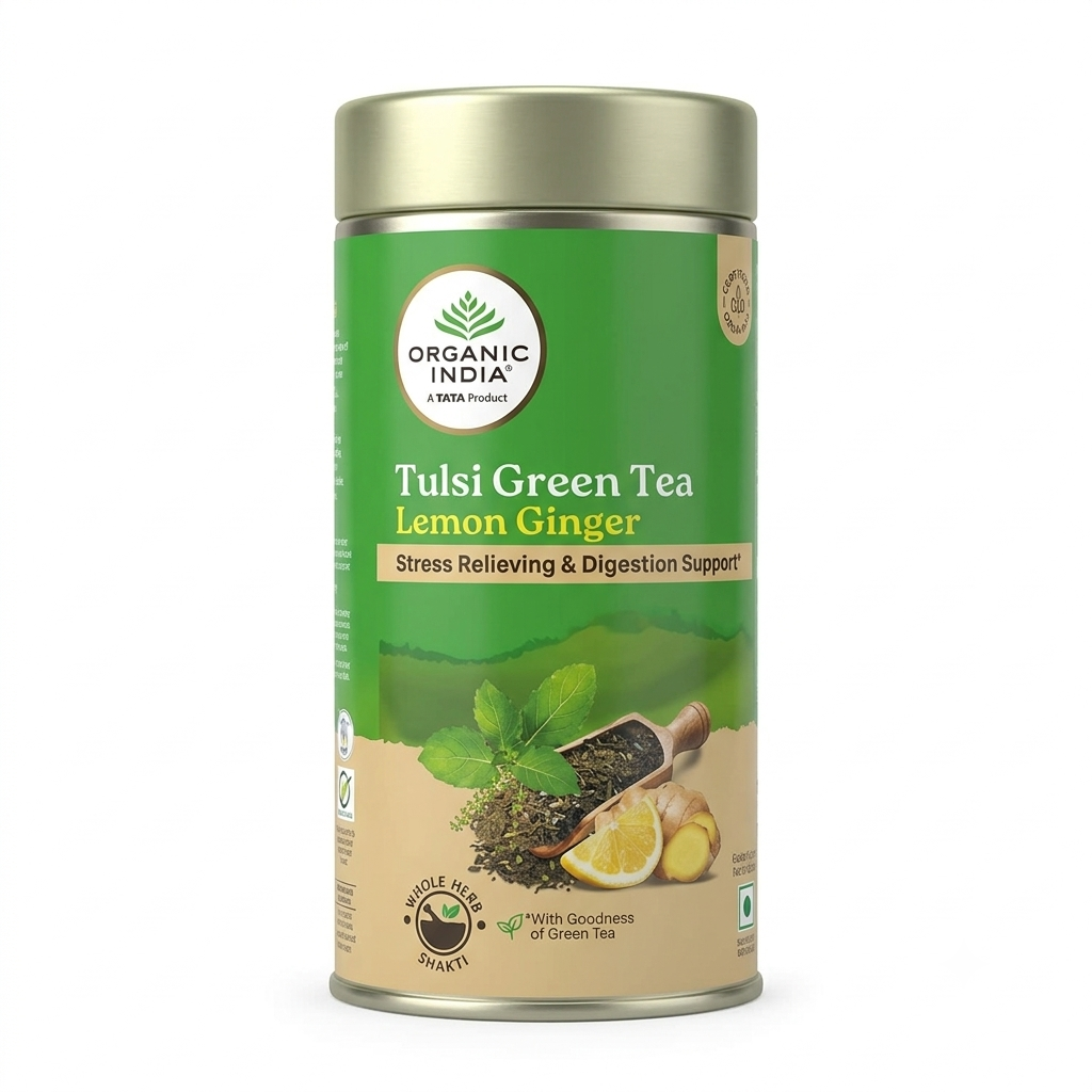 Tulsi Green Tea - Lemon Ginger - Improves Metabolism & Digestion -No Artificial Flavors, No preservatives – Organic India – 100gm