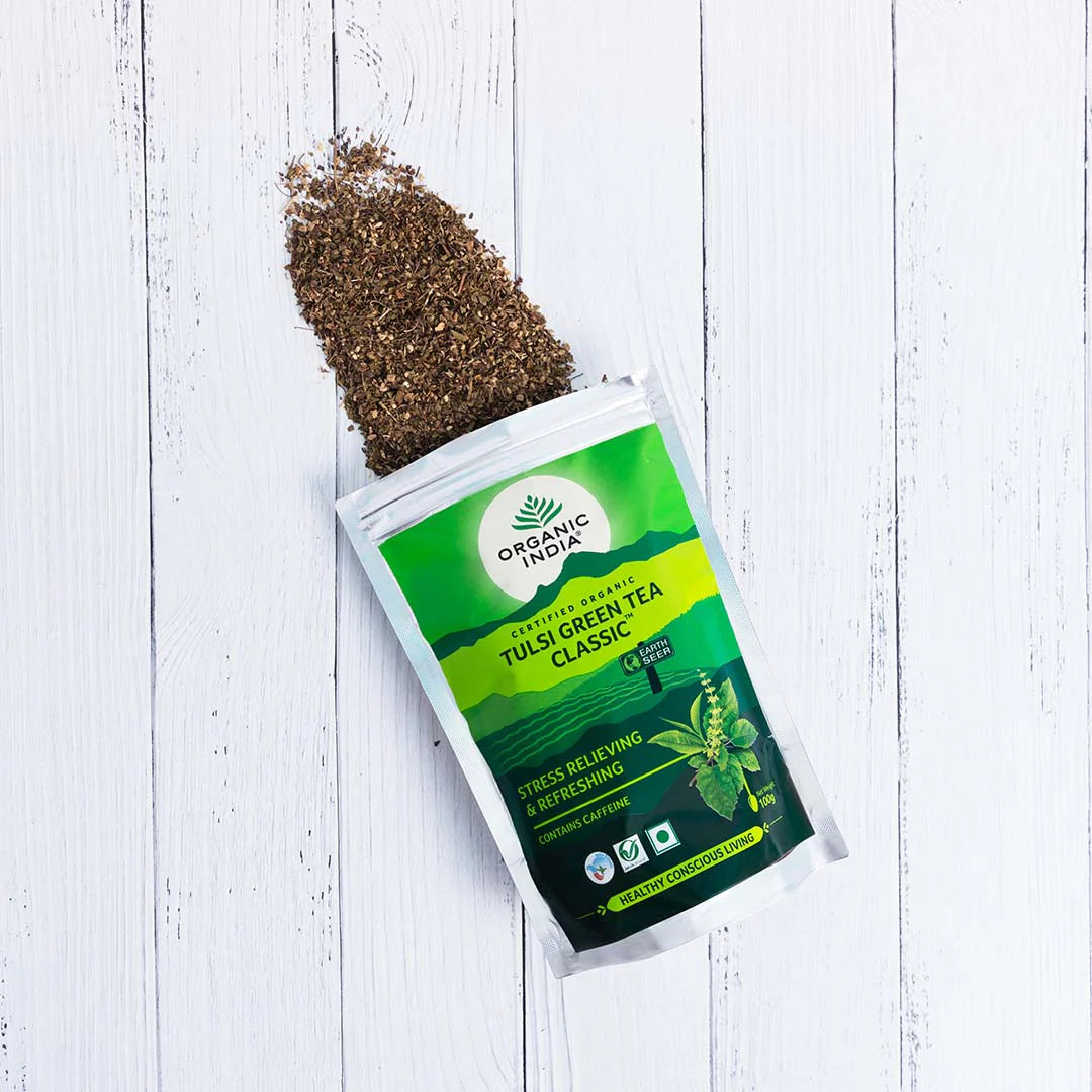 Tea | Tulsi Green Tea (Classic) - Stress Relieving &amp; Uplifting - Certified Organic - Organic India – 100gm Loose Leaf