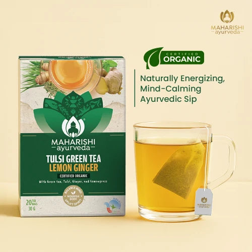 Tea | Tulsi Green Tea Lemon Ginger (With Green Tea, Tulsi, Ginger, And Lemongrass) - Ayurvedic Stress Relief &amp; Immunit - Certified Organic Ayurvedic Infusion - Gluten Free &amp; No Added Flavours - Maharishi Ayurveda - 20 Tea Bags