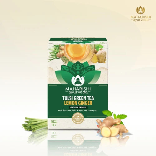 Tea | Tulsi Green Tea Lemon Ginger (With Green Tea, Tulsi, Ginger, And Lemongrass) - Ayurvedic Stress Relief &amp; Immunit - Certified Organic Ayurvedic Infusion - Gluten Free &amp; No Added Flavours - Maharishi Ayurveda - 20 Tea Bags