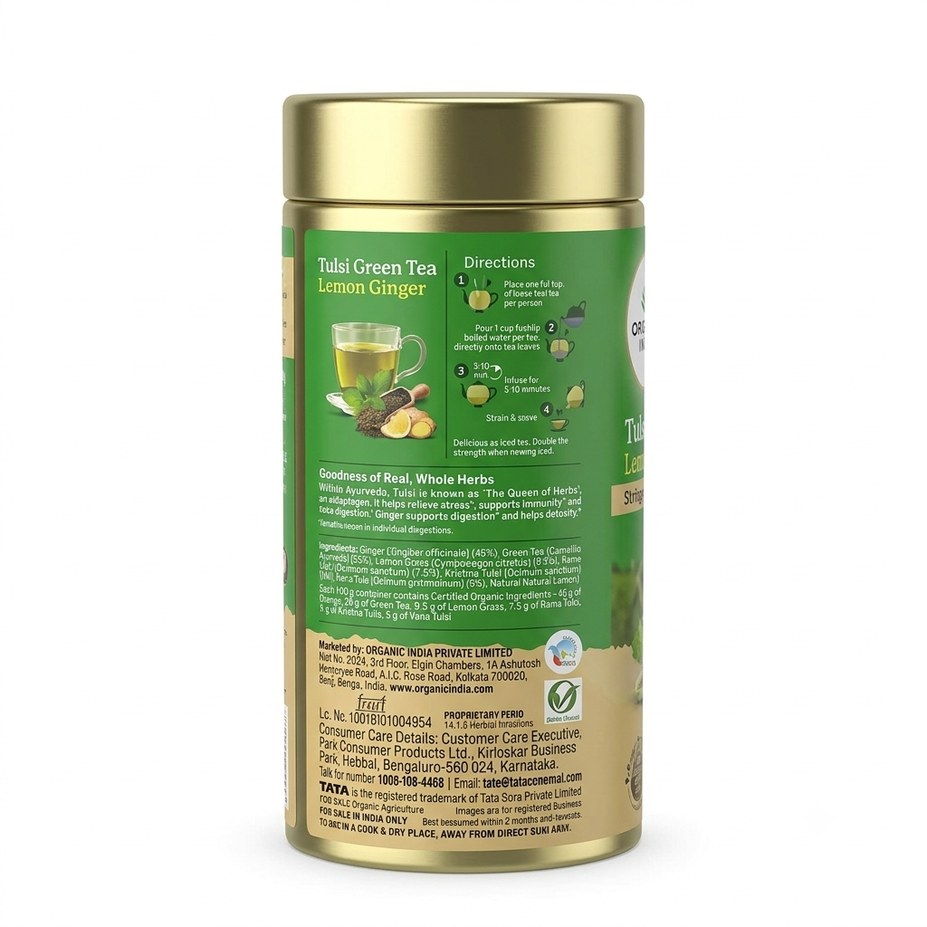 Tulsi Green Tea - Lemon Ginger - Improves Metabolism &amp; Digestion -No Artificial Flavors, No preservatives – Organic India – 100gm