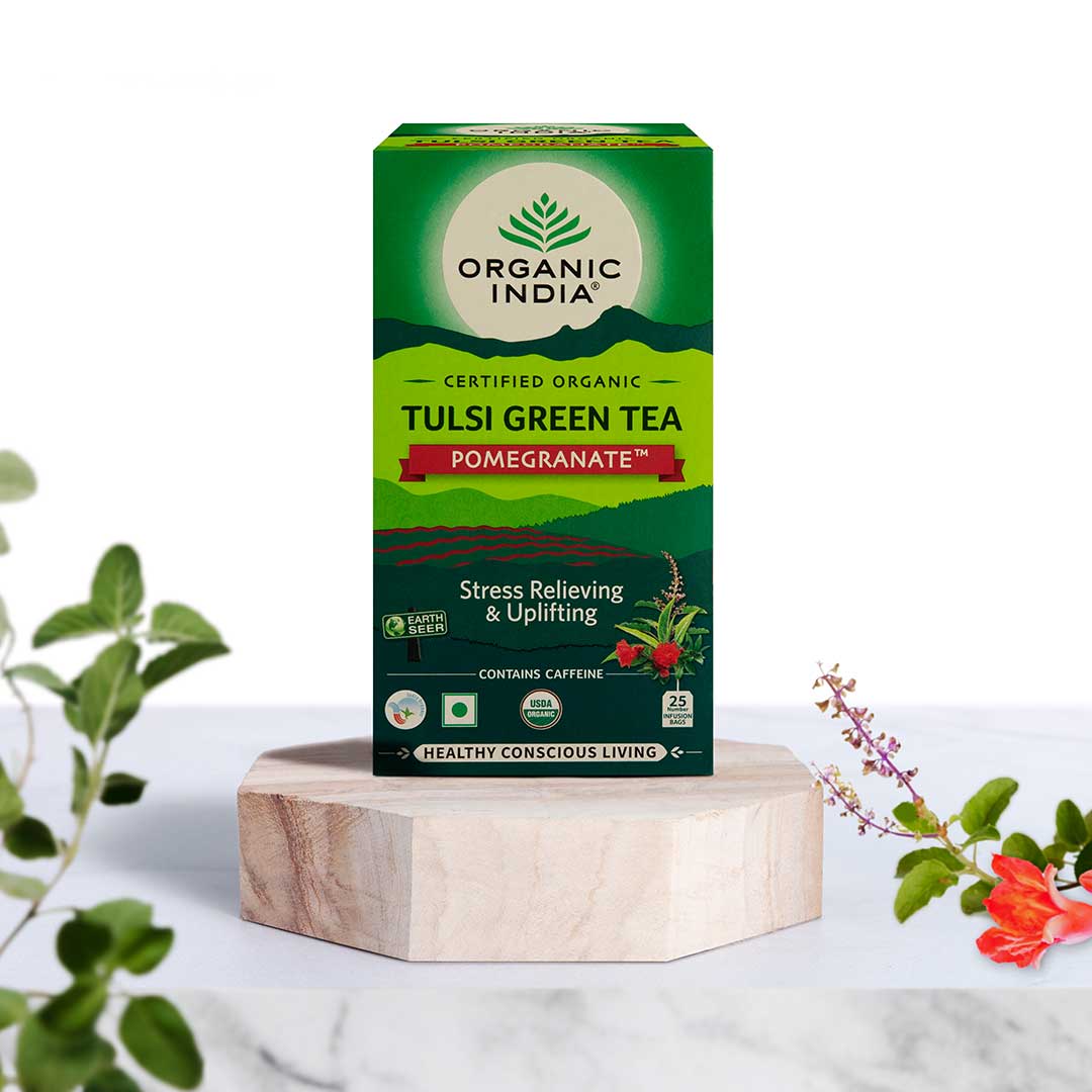 Tea | Tulsi Green Tea (Pomegranate) – Stress Relieving & Uplifting – USDA Organic – Organic India – 25Tea Bags