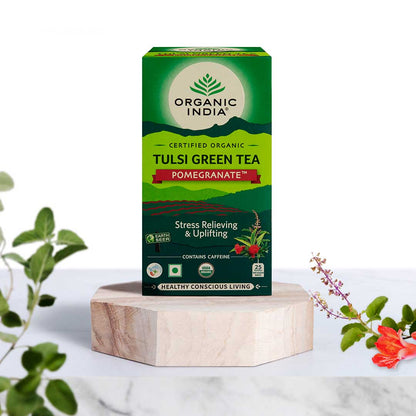 Tea | Tulsi Green Tea (Pomegranate) – Stress Relieving &amp; Uplifting – USDA Organic – Organic India – 25Tea Bags