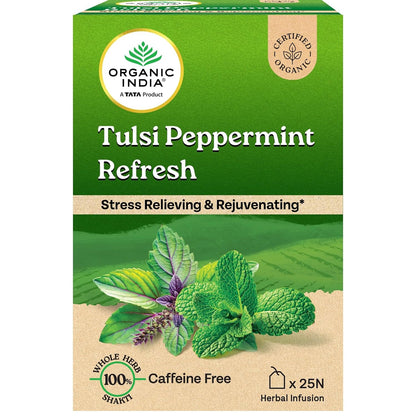 Tea | Tulsi Peppermint Refresh Tea – Stress Relieving Rejuvenating - Certified Organic - India - Caffeine Free - Organic India - 25 Tea Bags