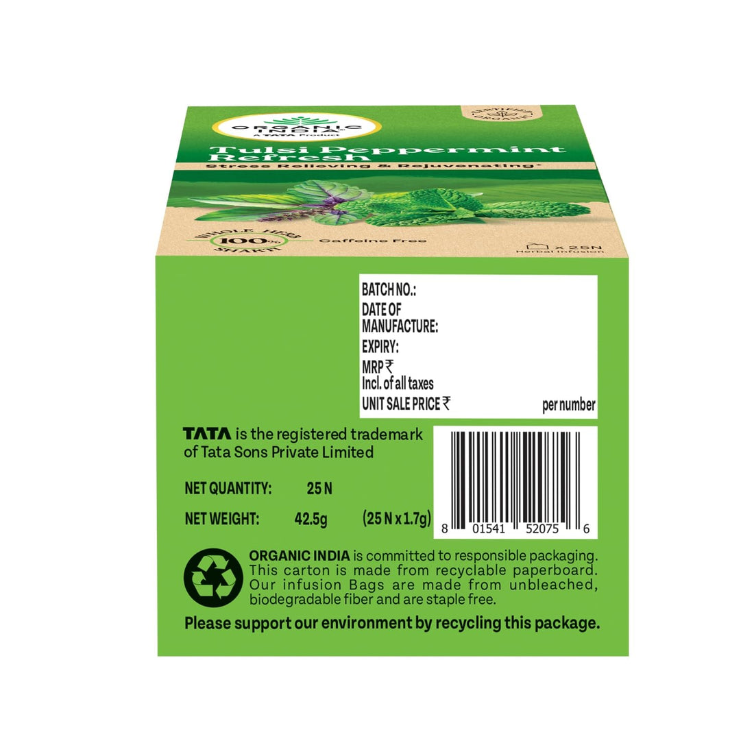 Tea | Tulsi Peppermint Refresh Tea – Stress Relieving Rejuvenating - Certified Organic - India - Caffeine Free - Organic India - 25 Tea Bags