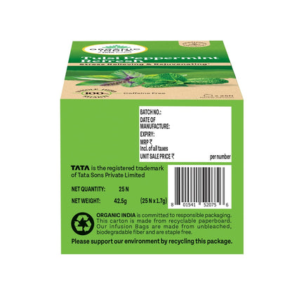 Tea | Tulsi Peppermint Refresh Tea – Stress Relieving Rejuvenating - Certified Organic - India - Caffeine Free - Organic India - 25 Tea Bags