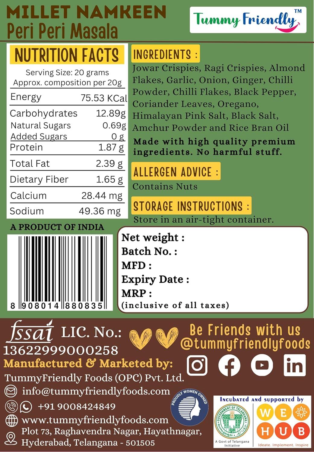 Millet Namkeen | Peri Peri Masala - Ragi, Jowar &amp; Nuts - Roasted, Not Fried - No Pam Oil, Preservatives Free &amp; Chemical Free - Tummy Friendly - 70gm