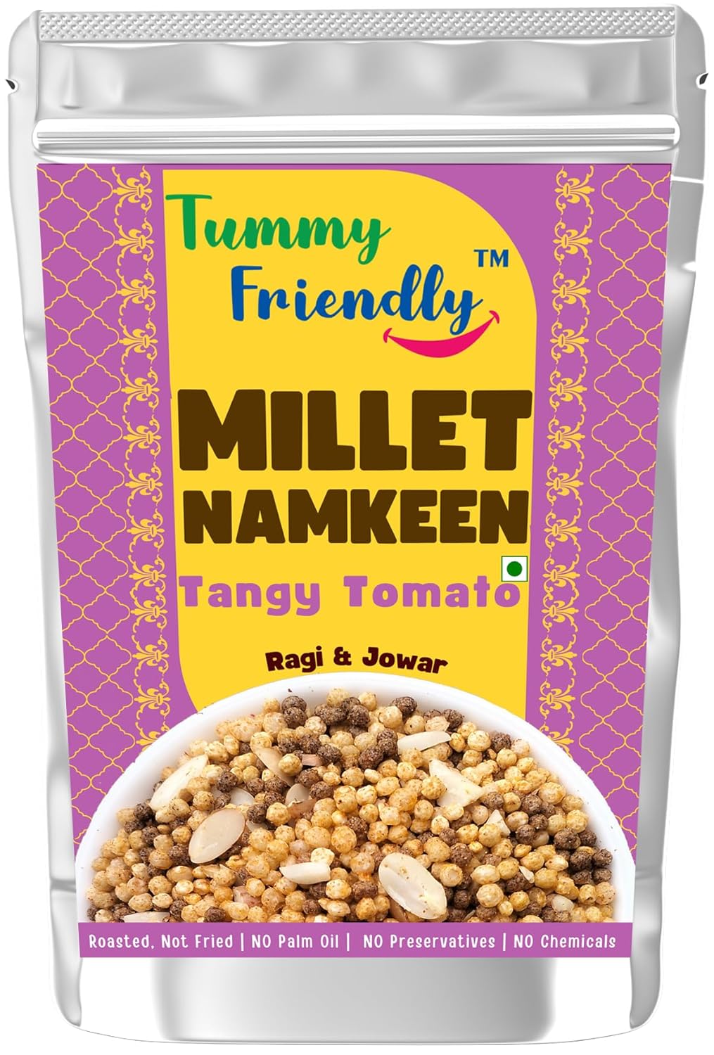 Millet Namkeen | Tangy Tomato - Ragi &amp; Bajra - Roasted, Not Fried - No Pam Oil, Preservatives Free &amp; Chemical Free - Tummy Friendly - 70gm