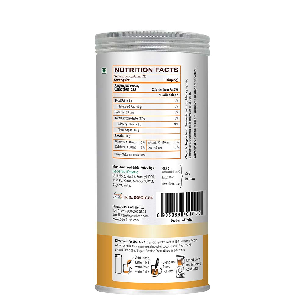 Turmeric Latte | Golden Milk (With Cinnamon & Black pepper) – USDA Organic – Vegan, Gluten Free & No Gmo – Geo Fresh – 200gm