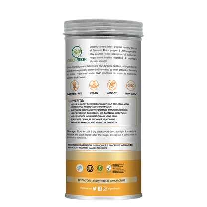 Turmeric Latte Golden Milk - Vanilla &amp;amp; Ashwagandha - Vegan &amp;amp; Gluten Free - Geo Fresh - 200gm