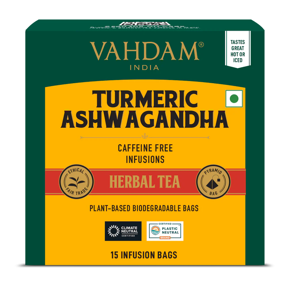 Tea | Turmeric Ashwagandha Herbal Tea Tisane - Caffeine Free - USDA Organic - Vahdam - 15 Tea Bags