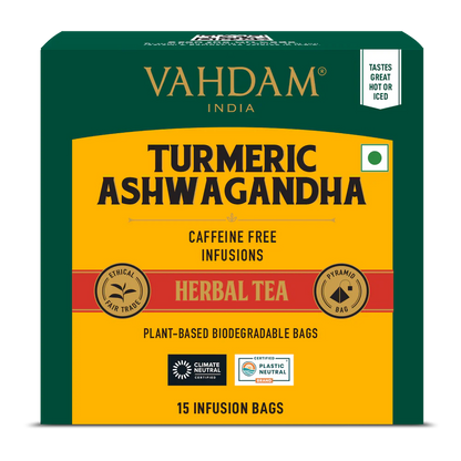 Tea | Turmeric Ashwagandha Herbal Tea Tisane - Caffeine Free - USDA Organic - Vahdam - 15 Tea Bags