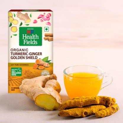 Tea | Turmeric Ginger Golden Shield - Infusion Herbal Tea, Immunity &amp; Digestion Support  -Caffeine Free-No Artificial Colours, Flavours or Preservatives -Health Fields –  25 Tea Bags