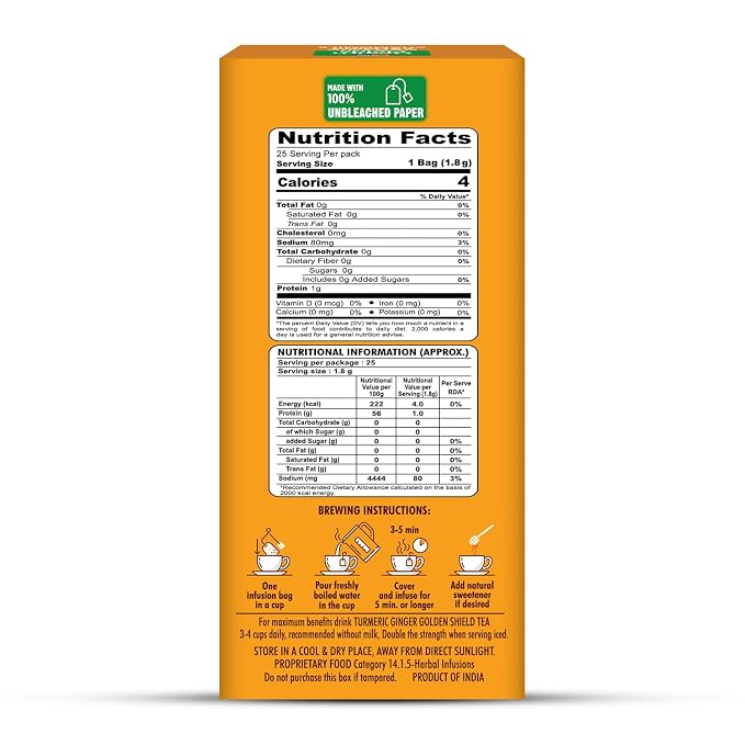 Tea | Turmeric Ginger Golden Shield - Infusion Herbal Tea, Immunity &amp; Digestion Support  -Caffeine Free-No Artificial Colours, Flavours or Preservatives -Health Fields –  25 Tea Bags