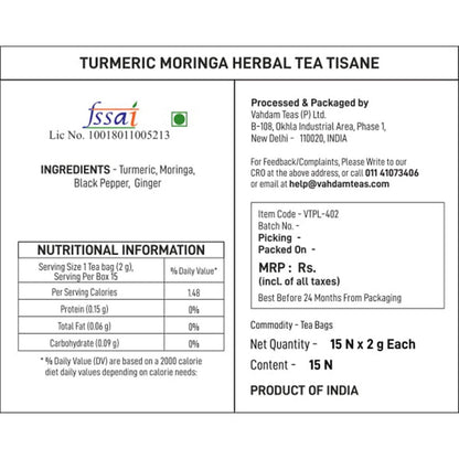Turmeric Moringa Herbal Tea Tisane - Vahdam -  15Tea Bags