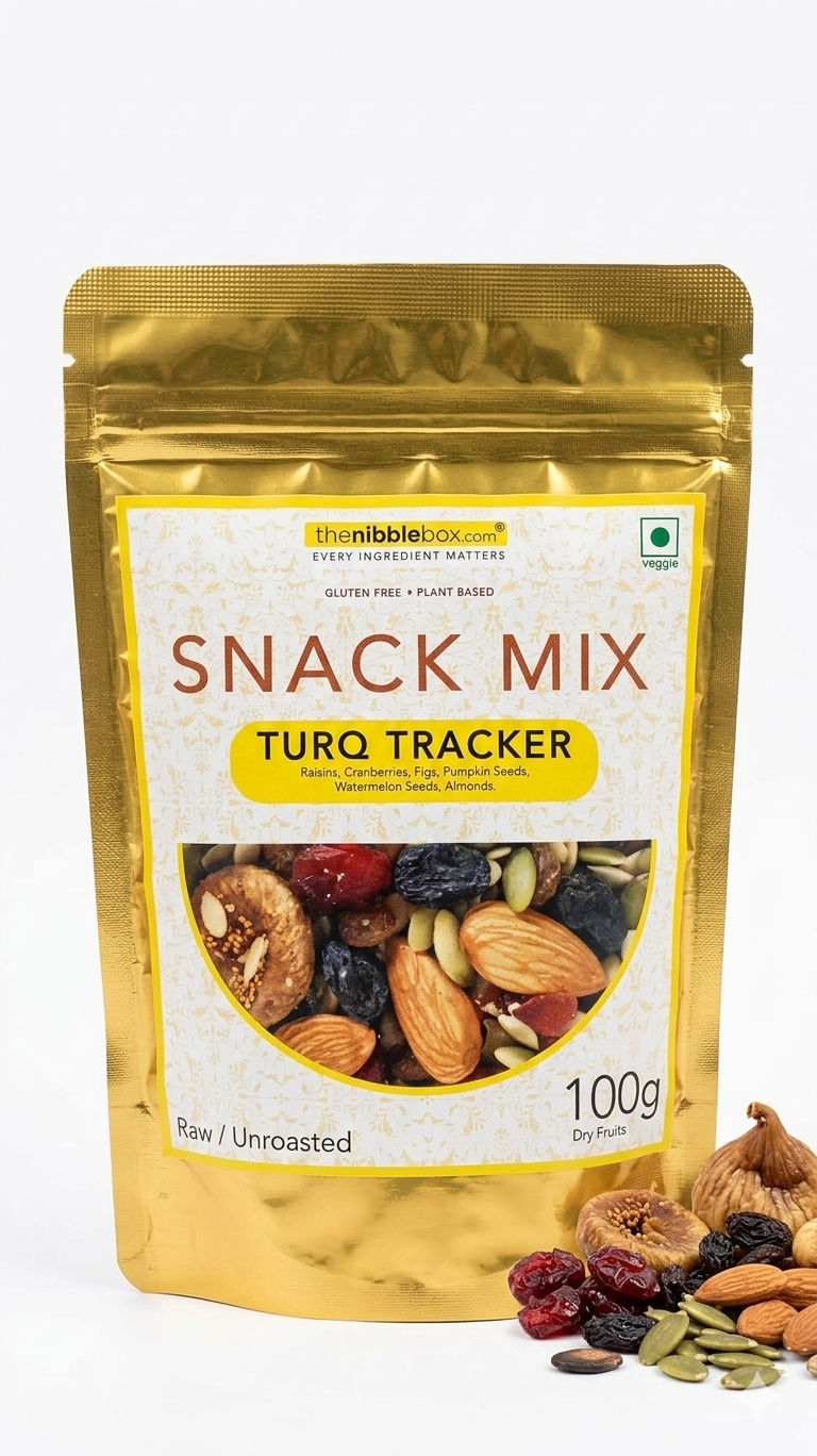 Turq Tracker Snack Mix - Raw (Unroasted) - 100 Dry Fruit - Vegan, Gluten Free, Plant Based- No Trans Fat, No Preservatives &amp;amp; No Additive – The Nibble Box – 250gm