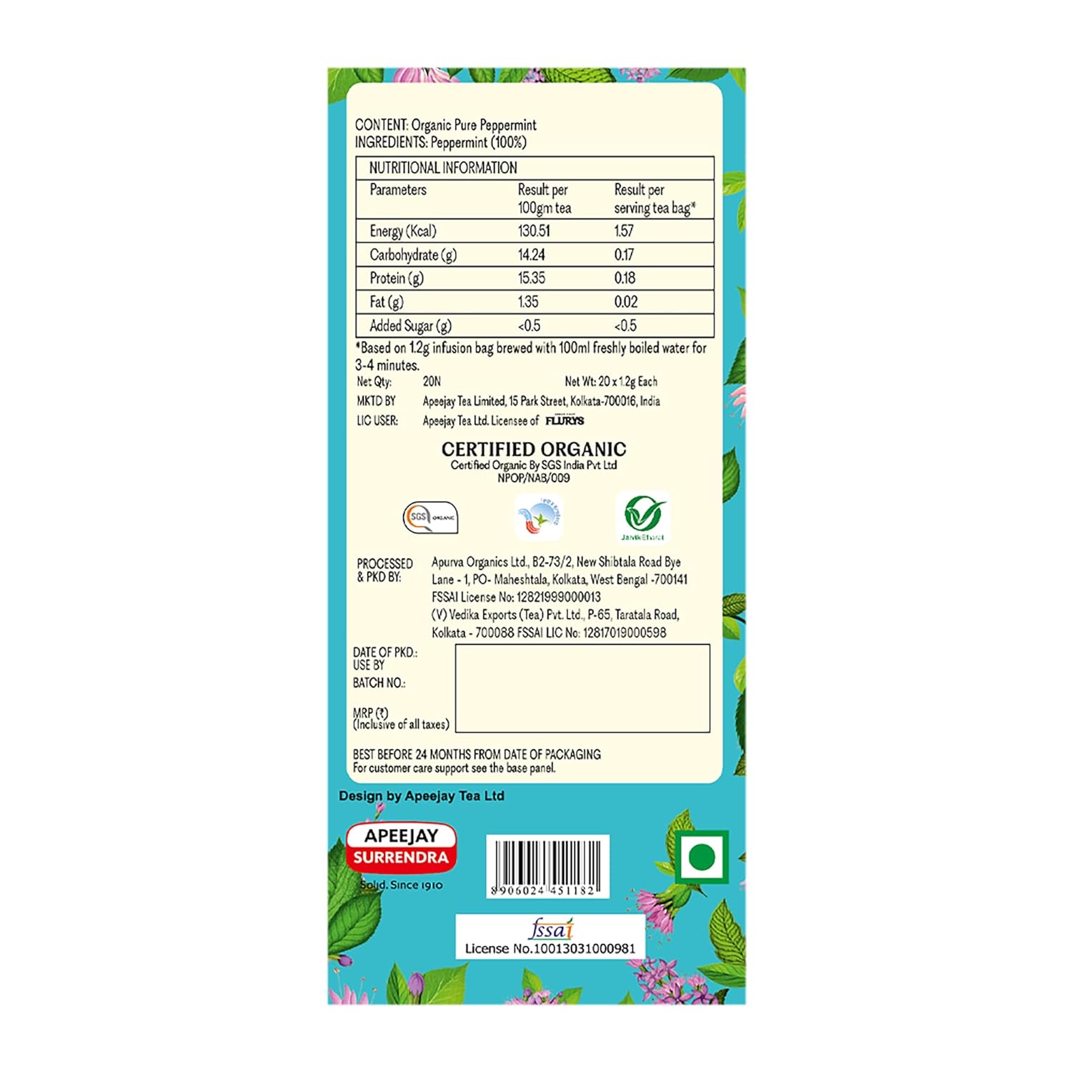 Tea | Refreshing Organic Peppermint Tea with Pure Peppermint - Flurys - 20Tea Bags