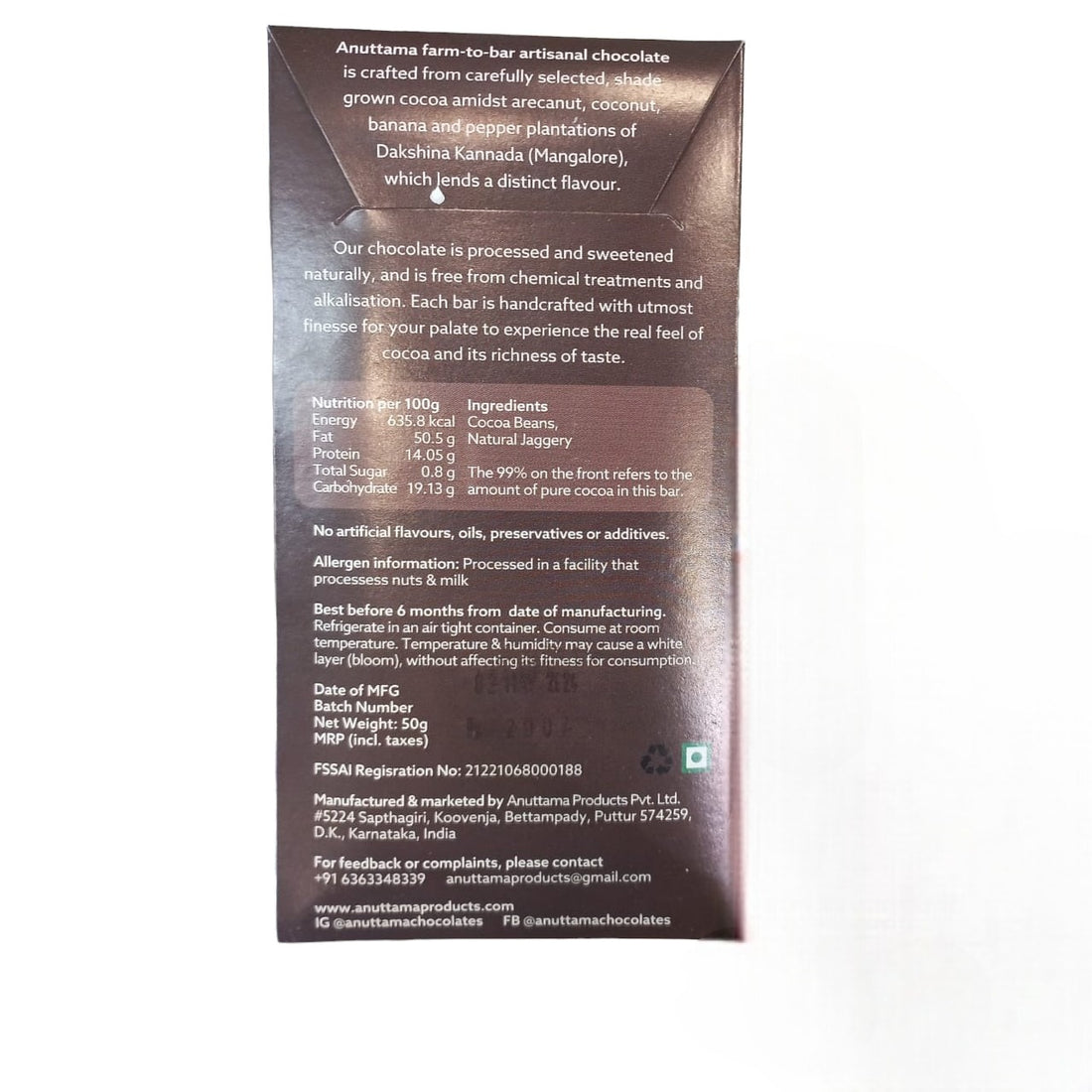 Chocolate | Ultimate Dark (Sweetened With Jaggery) – 99% Cocoa - Farm To Bar – Single Origin – Vegan, No Added Preservatives &amp; No Added Artificial Flavours – Anuttama Artisanal Chocolate – 50gm