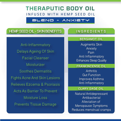 Body Oil | Theraputic Body Oil (Anxiety) - Infused With Hemp Seed Oil - Cure By Design - 10ml