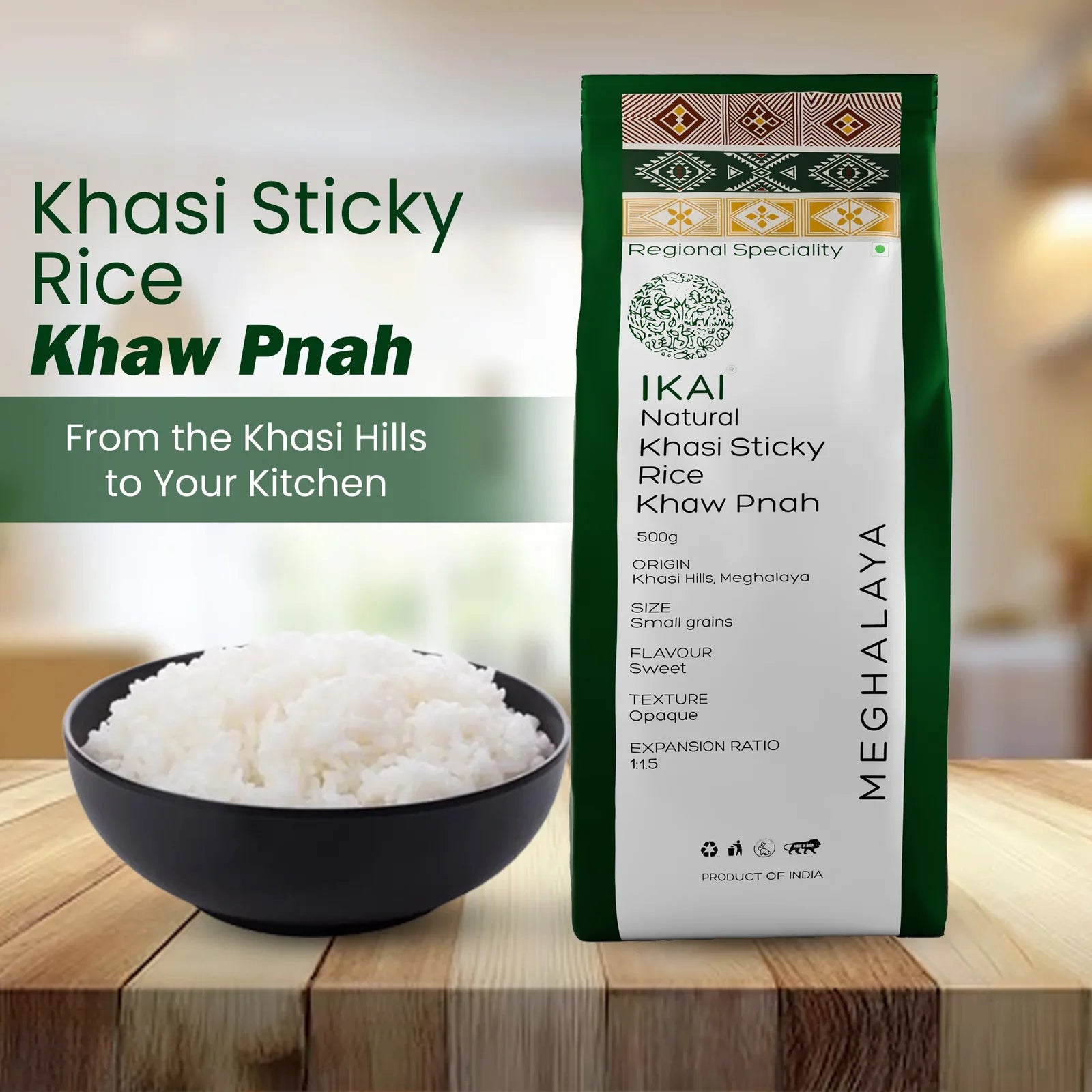 Rice | Natural Khasi Sticky Rice -Regional Specialty-Meghalaya- No Chemical Fertilisers or Pesticides, No preservatives-Ikai Organic - 500gm