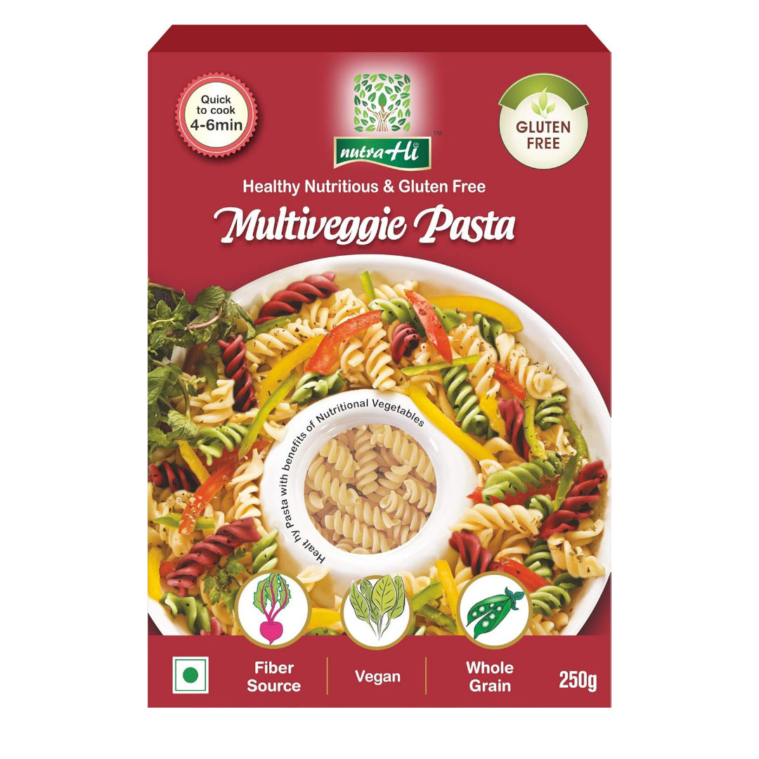 Pasta | Multi Veggie Pasta - Vegan, Gluten Free, No Maida, No Wheat, No Added Color, Flavours &amp; Preservatives Free - NutraHi -  250gm