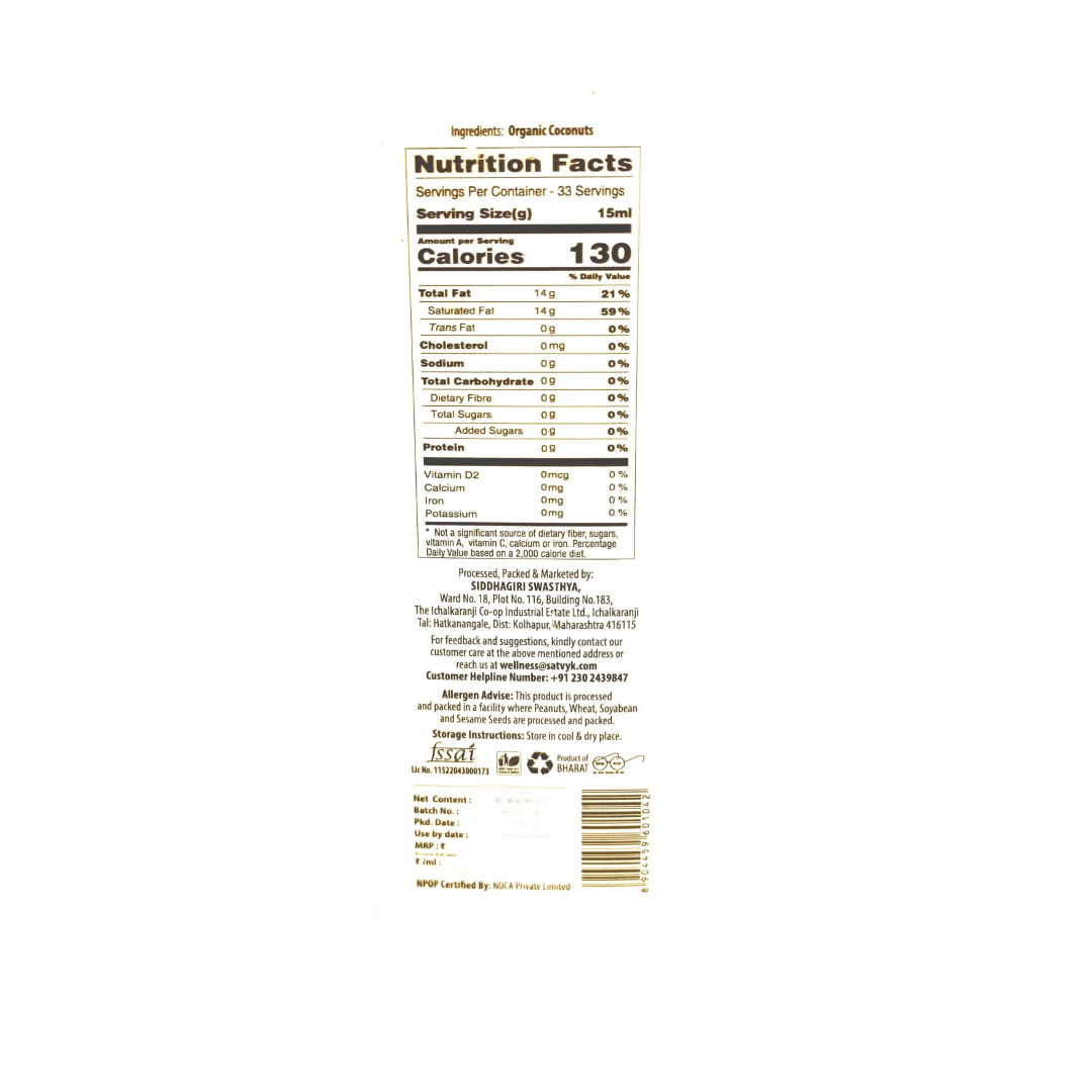 Coconut Oil | Virgin Coconut Oil – Organic - Wood Pressed Oil – 100% Natural - No Added Chemicals &amp;amp; No Added Artificial Preservatives – Satvyk – 1000ml