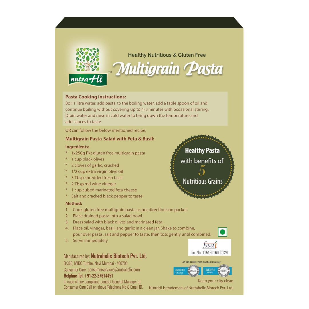 Pasta | Multigrain Pasta - Vegan, Gluten Free, High In Protein, Fibre, No Maida, No Wheat, No Added Flavours &amp;amp; Preservatives Free - NutraHi - 250gm