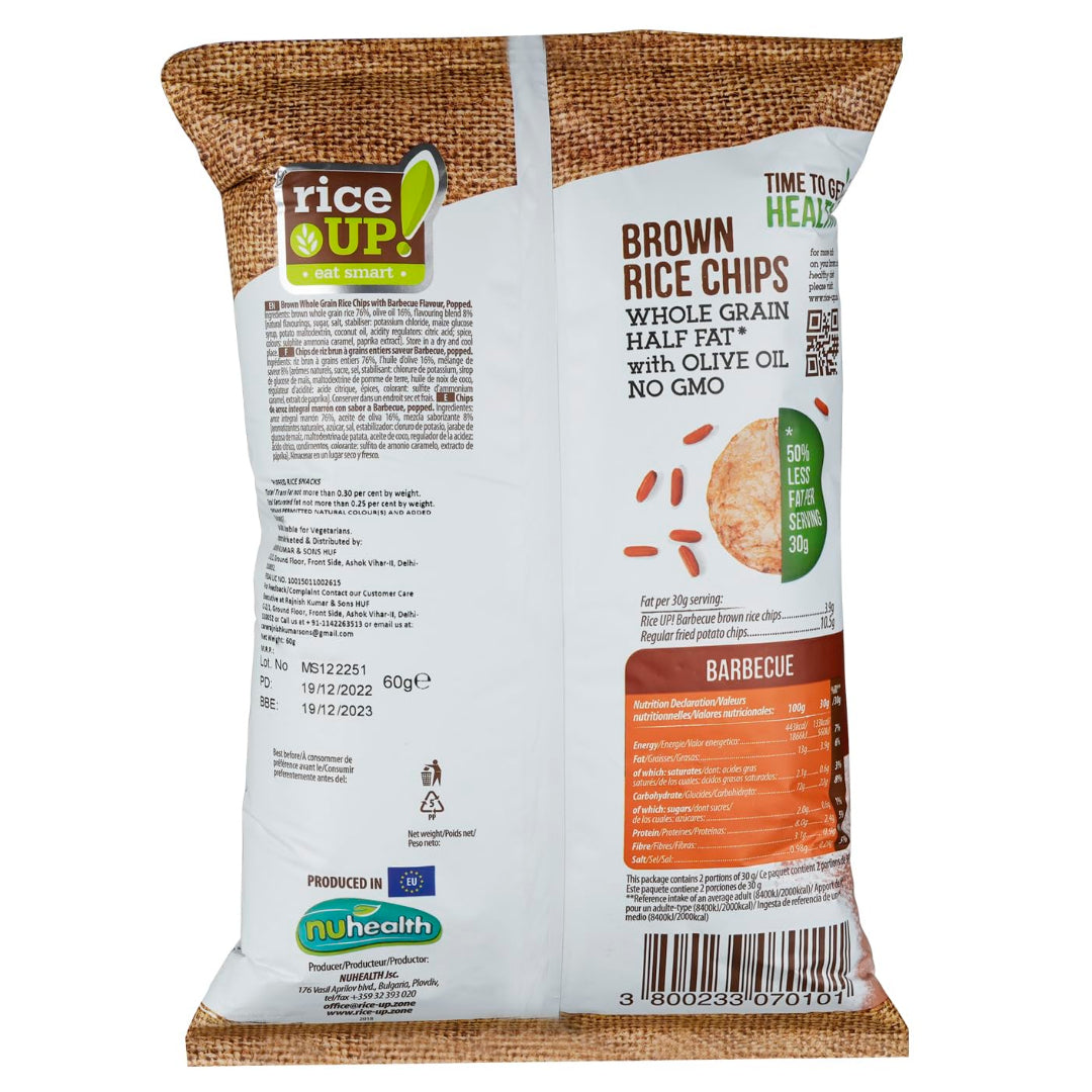 Chips | Brown Rice Chips With Barbecue - Gluten Free, Not Fried, Whole Grains &amp;amp; Half Fat With Olive Oil - RiceUp - 60gm