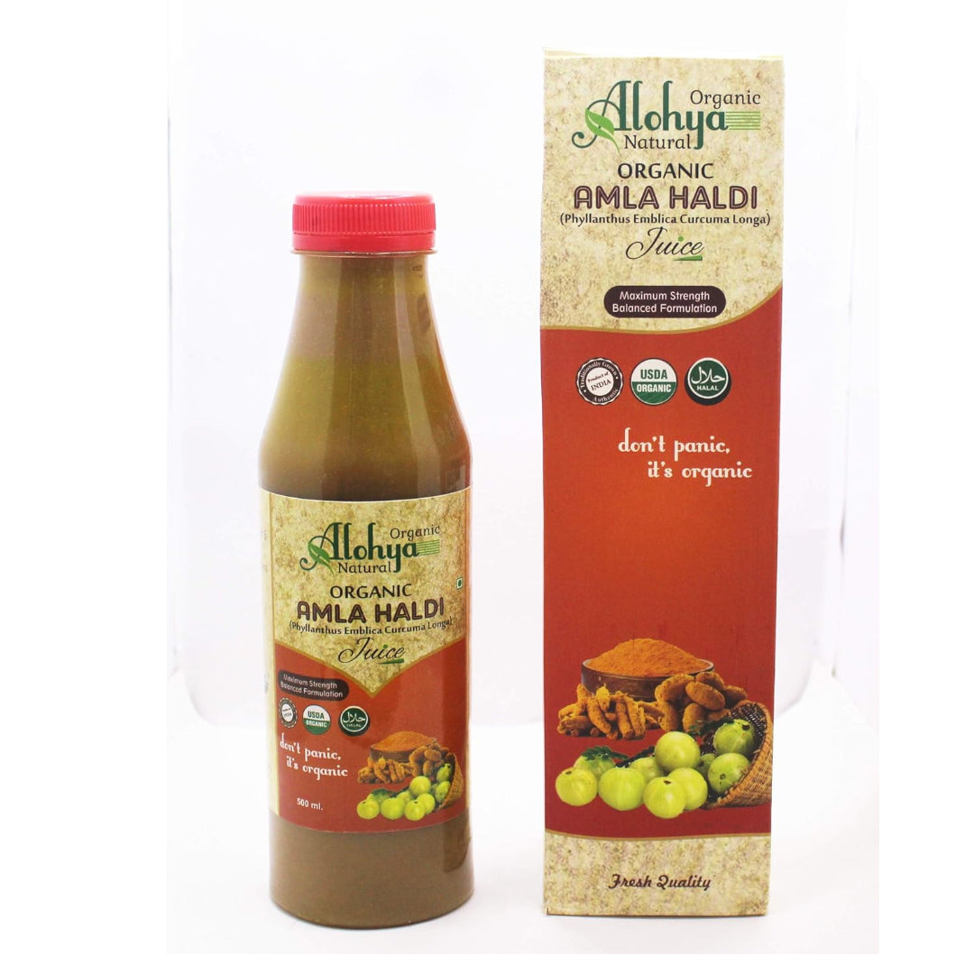 Amla Haldi Juice | (Phyllanthus Emblica Curcuma Longa) – USDA Organic – No Added Sugar, Color, Vitamins & Minerals – Alohya Organic – 500ml
