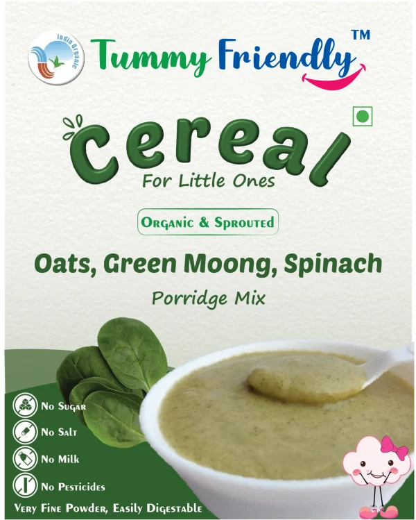 Porridge Mix | Cereal (Oats, Moong &amp; Spinach ) - USDA Organic - No Pesticides, Chemicals, Milk, Salt &amp; No Added Sugar -  Tummy Friendly – 200gm