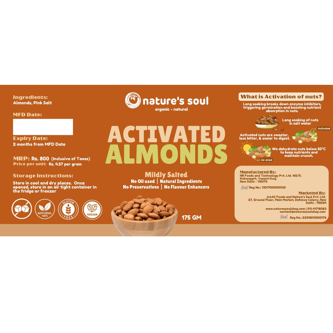 Almond | Activated Almond – Mildly Salted – No Oil Used – Natural Ingredients – Cold Pressed Oil – Vegan, Gluten Free, Preservatives Free & No Flavour Enhancer – Nature’s Soul – 300gm