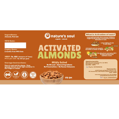 Almond | Activated Almond – Mildly Salted – No Oil Used – Natural Ingredients – Cold Pressed Oil – Vegan, Gluten Free, Preservatives Free &amp;amp; No Flavour Enhancer – Nature’s Soul – 300gm