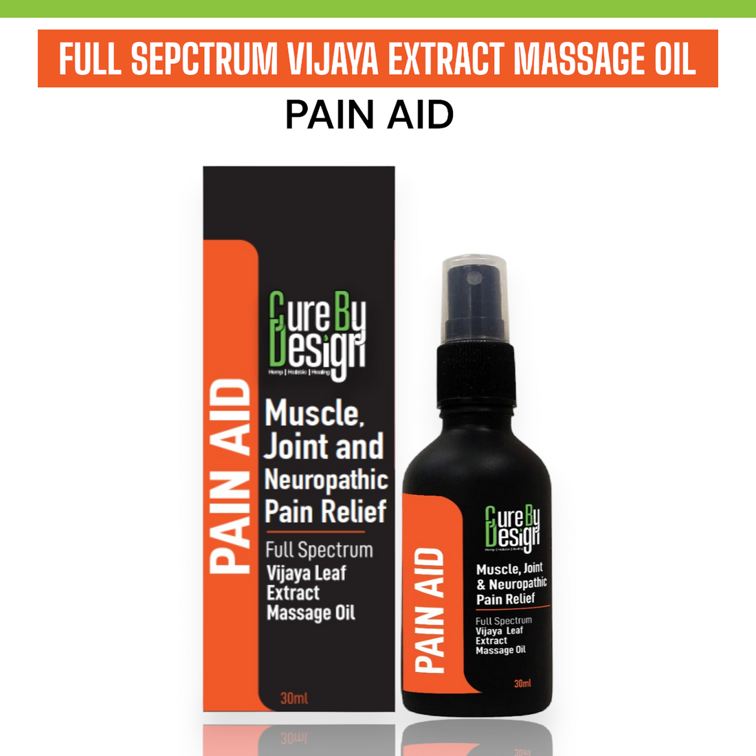 Massage Oil | Muscles Joint And Neuropathic Pain Relief - Pain AID - Full Spectrum Vijaya Leaf Extract Massage Oil - Instant Relief for Sore Muscles, Nerves and Joints - Cure By Design - 10ml