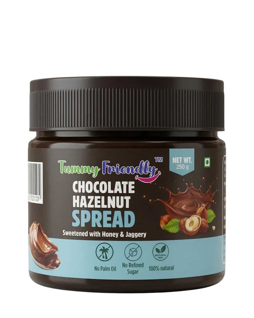 Spread | Hazelnut Chocolate Spread -Sweetened with Honey &amp; Jaggery – 100% Natural – Vegan, Gluten Free, Dairy Free, High In Protein &amp; No Added Preservatives – Tummy Friendly Foods – 250gm
